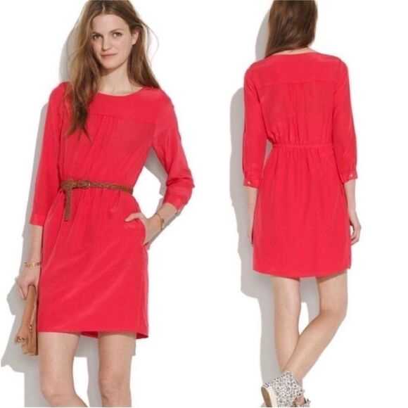 Madewell Dresses & Skirts - Madewell NWT Wild Day Solid Pink Silk
3/4 Sleeve
Mini Dress Size 2